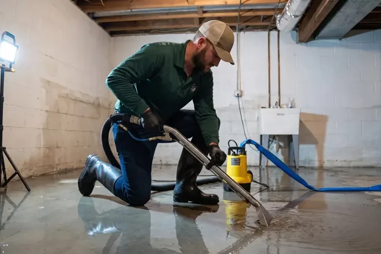 A restoration crew extracting standing water from the floor of a home before the drying equipment goes in